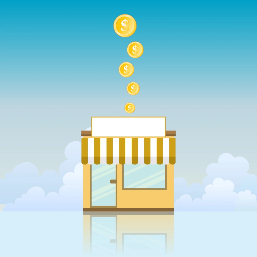 Vector illustration of a small store yielding gold coins.